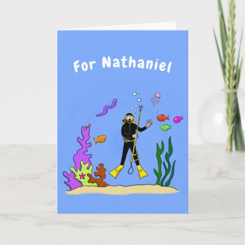 Funny scuba diver and fish sea creatures cartoon card