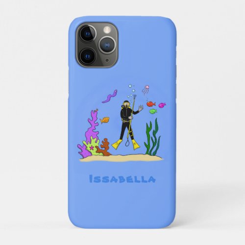 Funny scuba diver and fish sea creatures cartoon iPhone 11 pro case