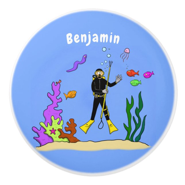 Funny scuba diver and fish sea creatures cartoon ceramic knob (Front)