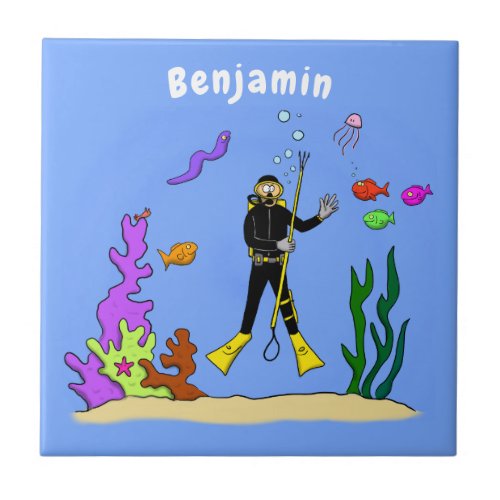 Funny scuba diver and fish sea creatures cartoon ceramic tile