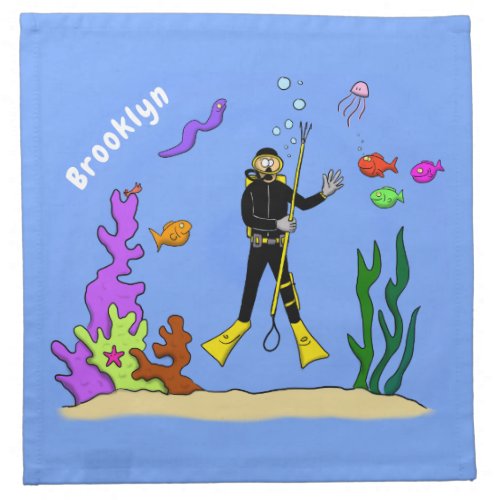 Funny scuba diver and fish sea creatures cartoon cloth napkin