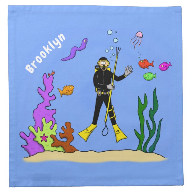 Funny scuba diver and fish sea creatures cartoon cloth napkin (Front)