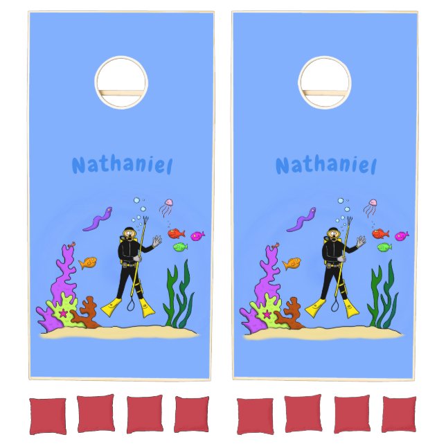 Funny scuba diver and fish sea creatures cartoon cornhole set (Set)