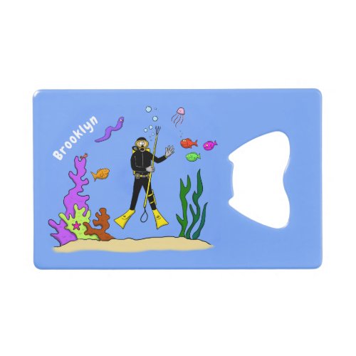 Funny scuba diver and fish sea creatures cartoon credit card bottle opener