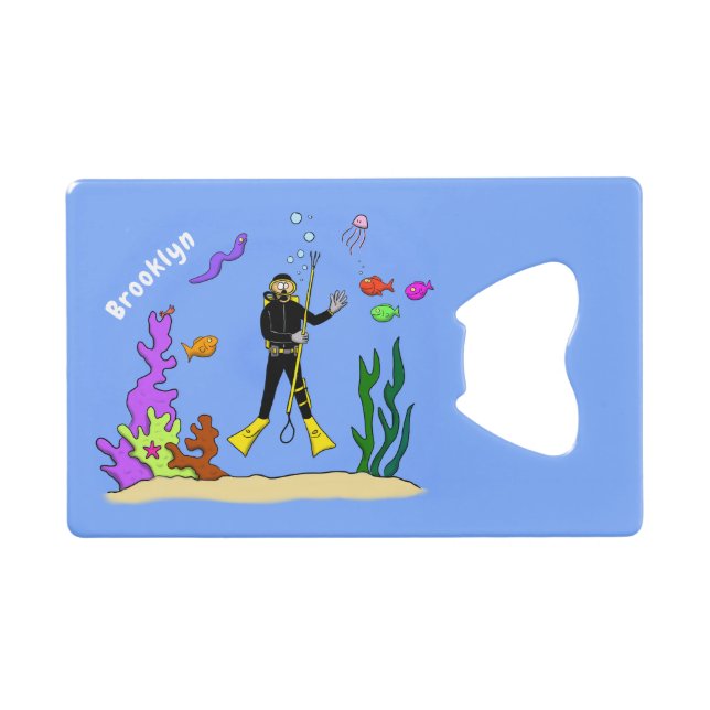 Funny scuba diver and fish sea creatures cartoon credit card bottle opener (Front (Horizontal))