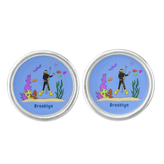 Funny scuba diver and fish sea creatures cartoon cufflinks (Front)