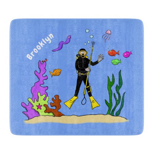 Funny scuba diver and fish sea creatures cartoon cutting board