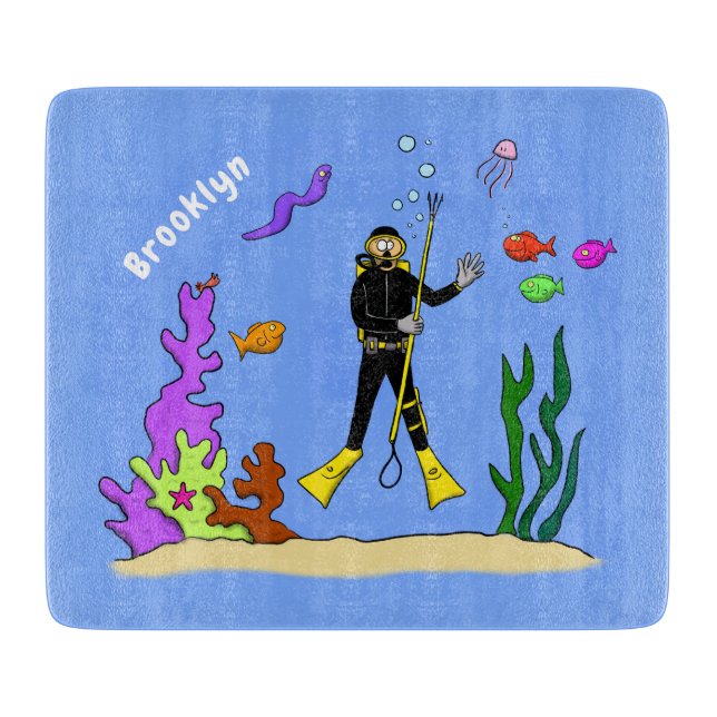 Funny scuba diver and fish sea creatures cartoon cutting board (Front)