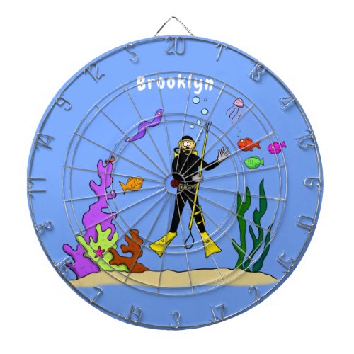 Funny scuba diver and fish sea creatures cartoon dart board
