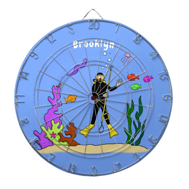 Funny scuba diver and fish sea creatures cartoon dart board (Front)