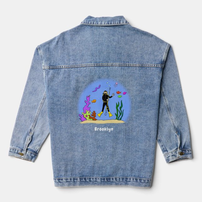 Funny scuba diver and fish sea creatures cartoon denim jacket (Back)