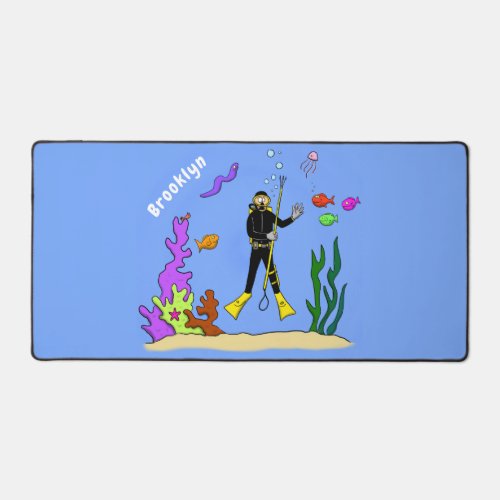 Funny scuba diver and fish sea creatures cartoon desk mat