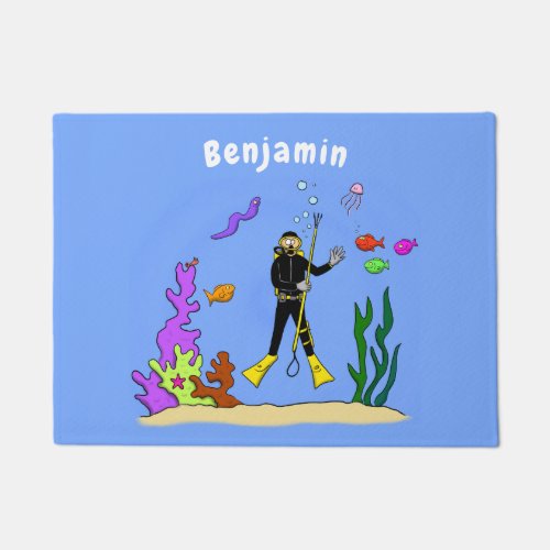 Funny scuba diver and fish sea creatures cartoon doormat
