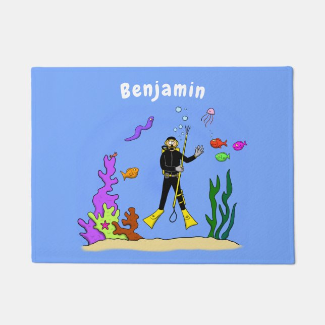 Funny scuba diver and fish sea creatures cartoon doormat (Front)