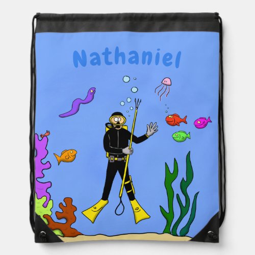 Funny scuba diver and fish sea creatures cartoon drawstring bag