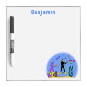 Funny scuba diver and fish sea creatures cartoon dry erase board