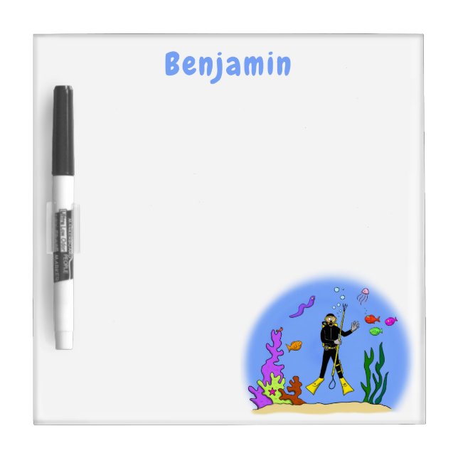 Funny scuba diver and fish sea creatures cartoon dry erase board (Front)