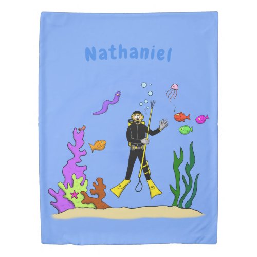 Funny scuba diver and fish sea creatures cartoon duvet cover