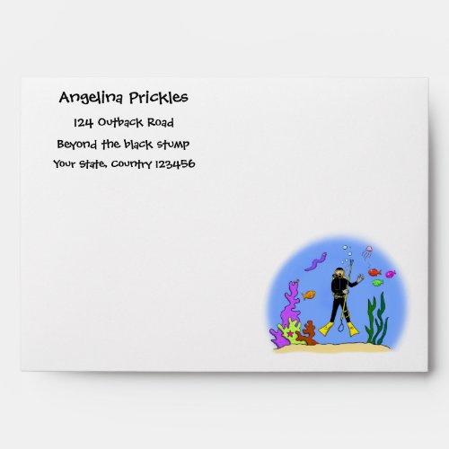 Funny scuba diver and fish sea creatures cartoon envelope