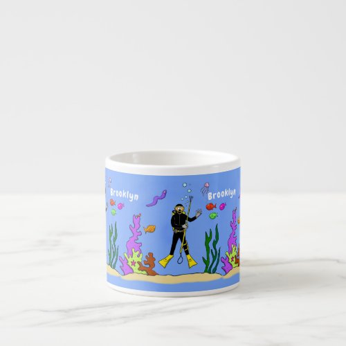 Funny scuba diver and fish sea creatures cartoon espresso cup