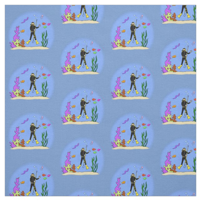 Funny scuba diver and fish sea creatures cartoon fabric (Swatch)