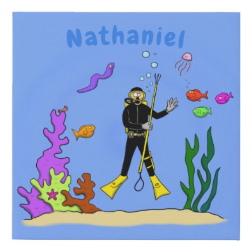 Funny scuba diver and fish sea creatures cartoon faux canvas print