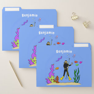 Funny scuba diver and fish sea creatures cartoon file folder