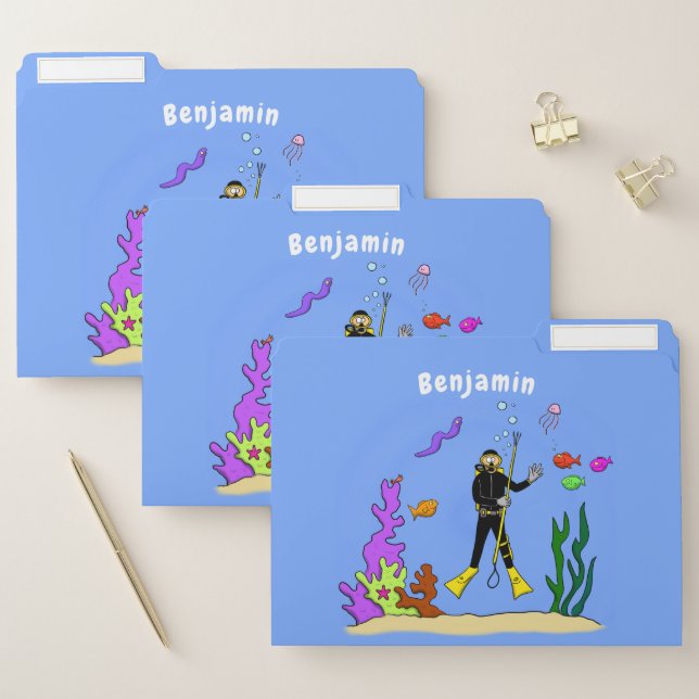 Funny scuba diver and fish sea creatures cartoon file folder (Set)