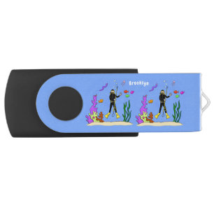 Funny scuba diver and fish sea creatures cartoon flash drive