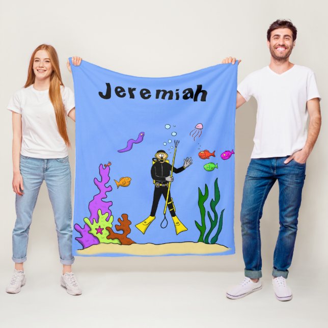 Funny scuba diver and fish sea creatures cartoon fleece blanket (In Situ)