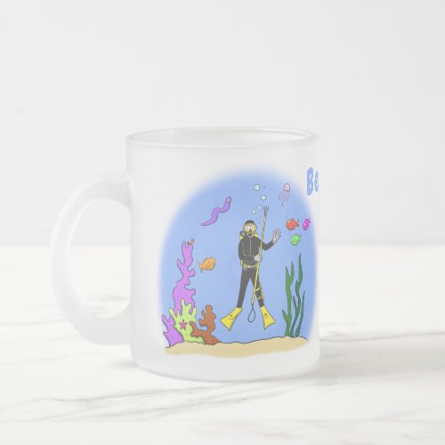 Funny scuba diver and fish sea creatures cartoon frosted glass coffee mug