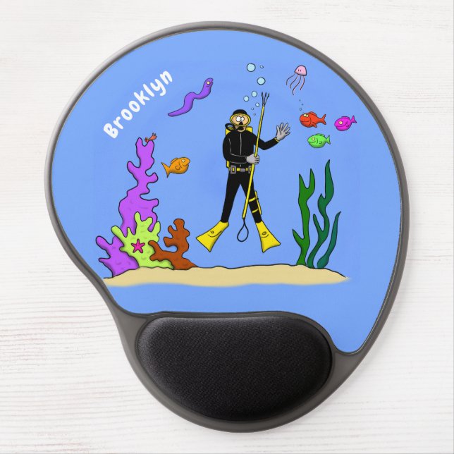 Funny scuba diver and fish sea creatures cartoon gel mouse pad (Front)