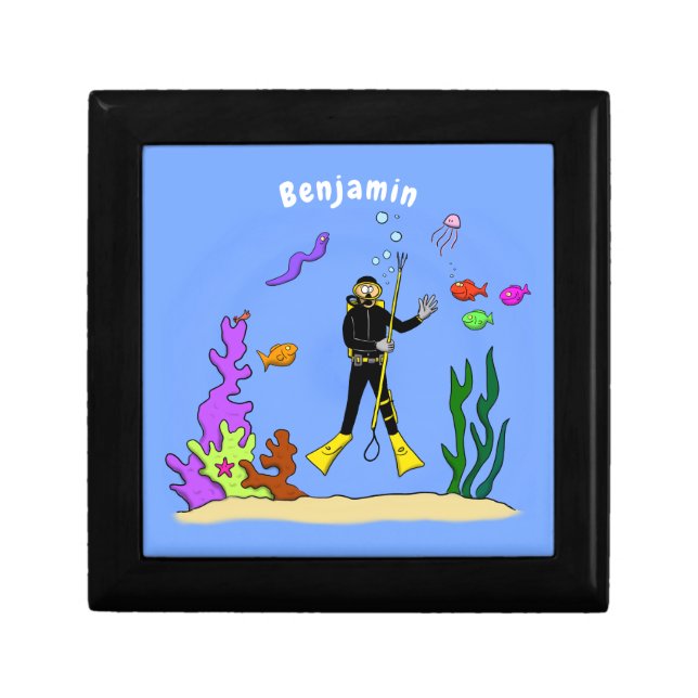 Funny scuba diver and fish sea creatures cartoon gift box (Front)