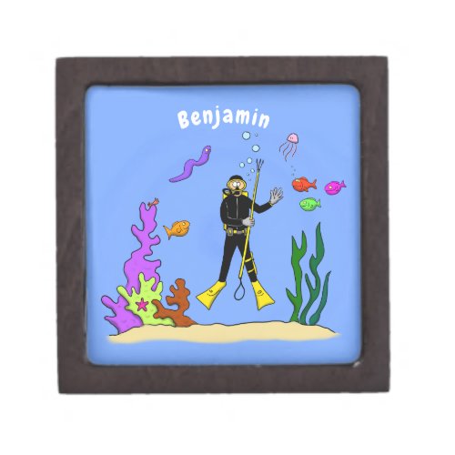 Funny scuba diver and fish sea creatures cartoon gift box