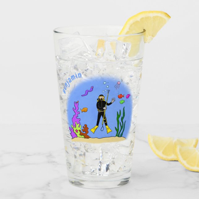 Funny scuba diver and fish sea creatures cartoon glass (Back Ice)