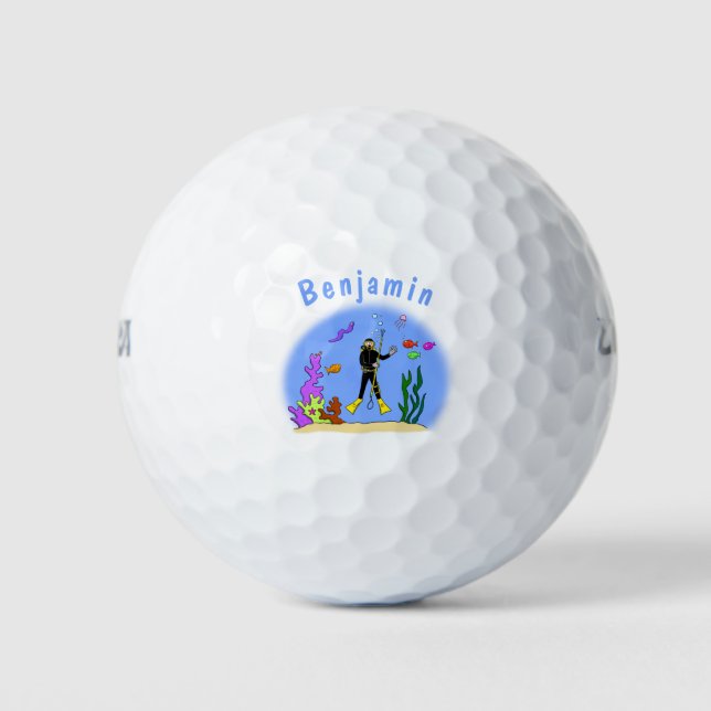 Funny scuba diver and fish sea creatures cartoon golf balls (Front)