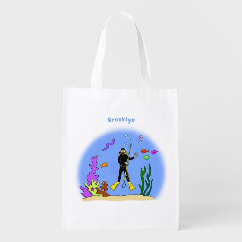 Funny scuba diver and fish sea creatures cartoon grocery bag