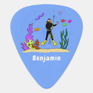 Funny scuba diver and fish sea creatures cartoon  guitar pick