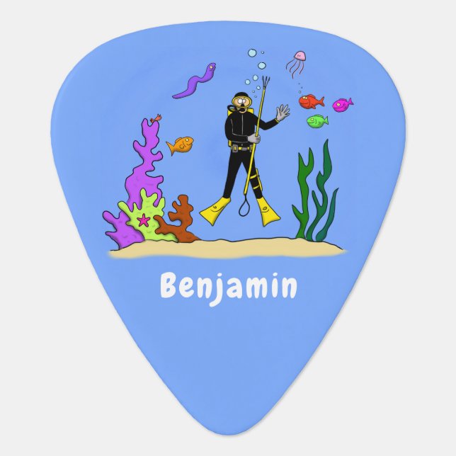 Funny scuba diver and fish sea creatures cartoon  guitar pick (Front)