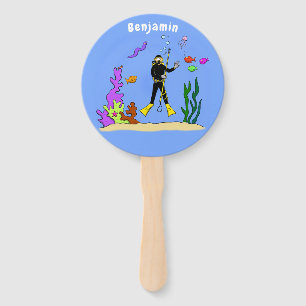Funny scuba diver and fish sea creatures cartoon hand fan
