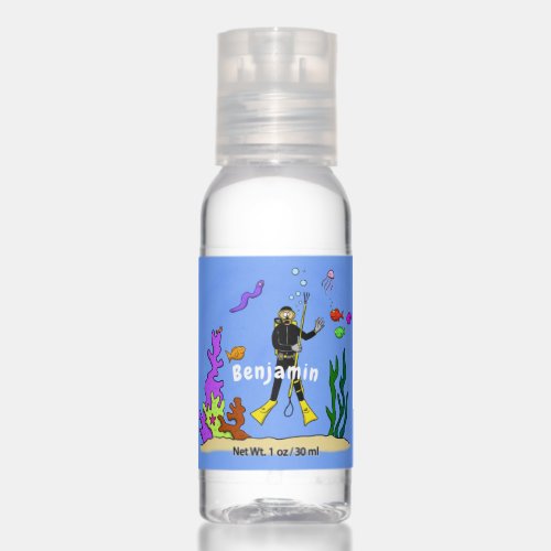 Funny scuba diver and fish sea creatures cartoon hand sanitizer