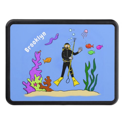Funny scuba diver and fish sea creatures cartoon hitch cover