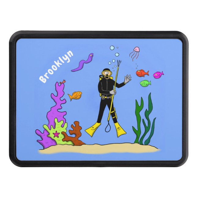 Funny scuba diver and fish sea creatures cartoon hitch cover (Front)
