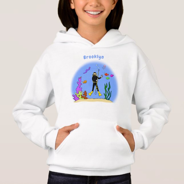 Funny scuba diver and fish sea creatures cartoon  hoodie (Front)