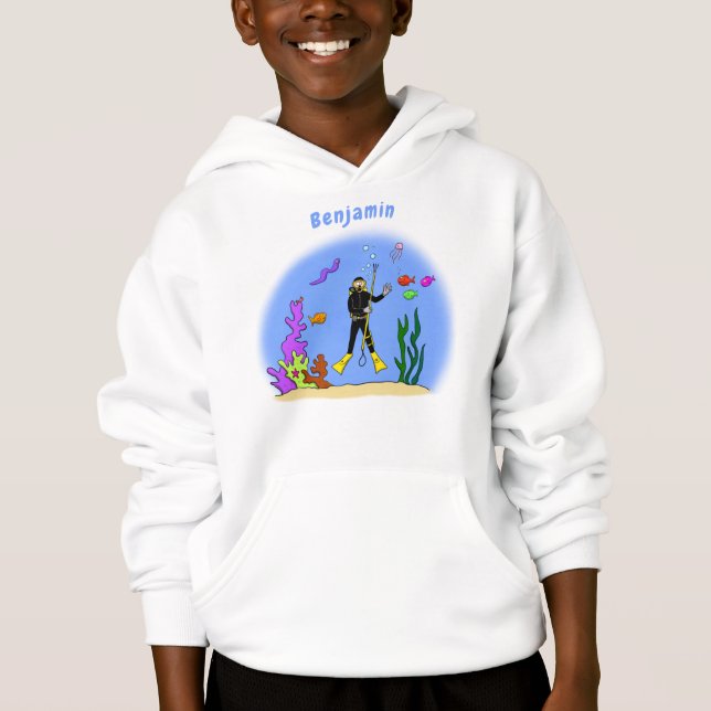 Funny scuba diver and fish sea creatures cartoon hoodie (Front)