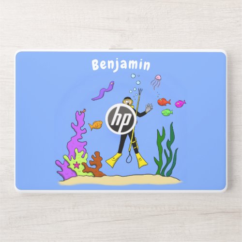 Funny scuba diver and fish sea creatures cartoon HP laptop skin