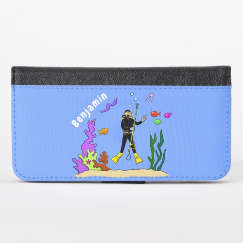 Funny scuba diver and fish sea creatures cartoon iPhone x wallet case