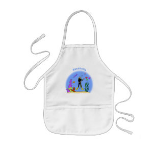 Funny scuba diver and fish sea creatures cartoon kids' apron