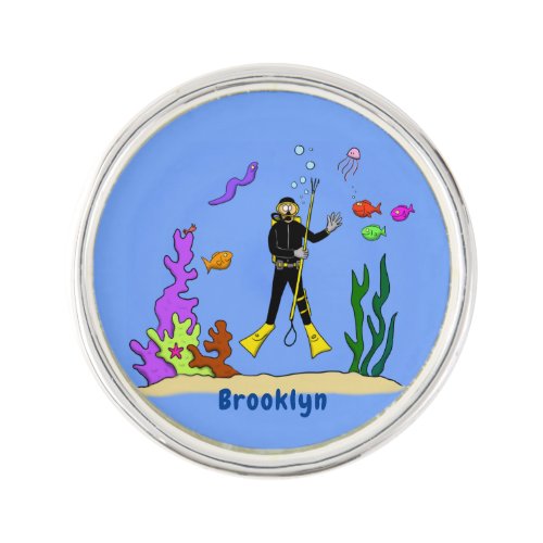 Funny scuba diver and fish sea creatures cartoon lapel pin