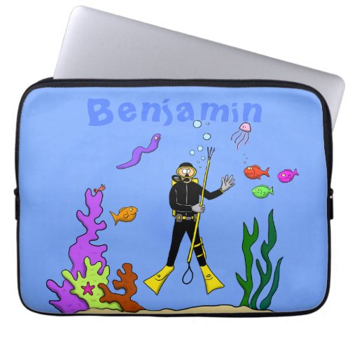 Funny scuba diver and fish sea creatures cartoon laptop sleeve